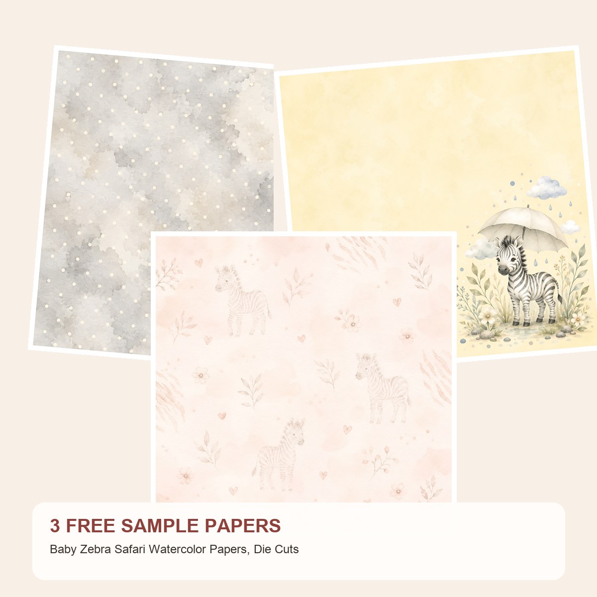 Free Baby Zebra Safari Watercolor Papers, Die Cuts – 3 Printable Sample Papers
