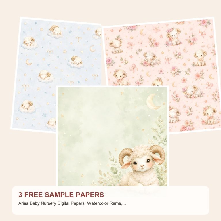 Free Aries Baby Nursery Digital Papers, Watercolor Rams, Celestial Boho Patterns – 3 Printable Sample Papers preview