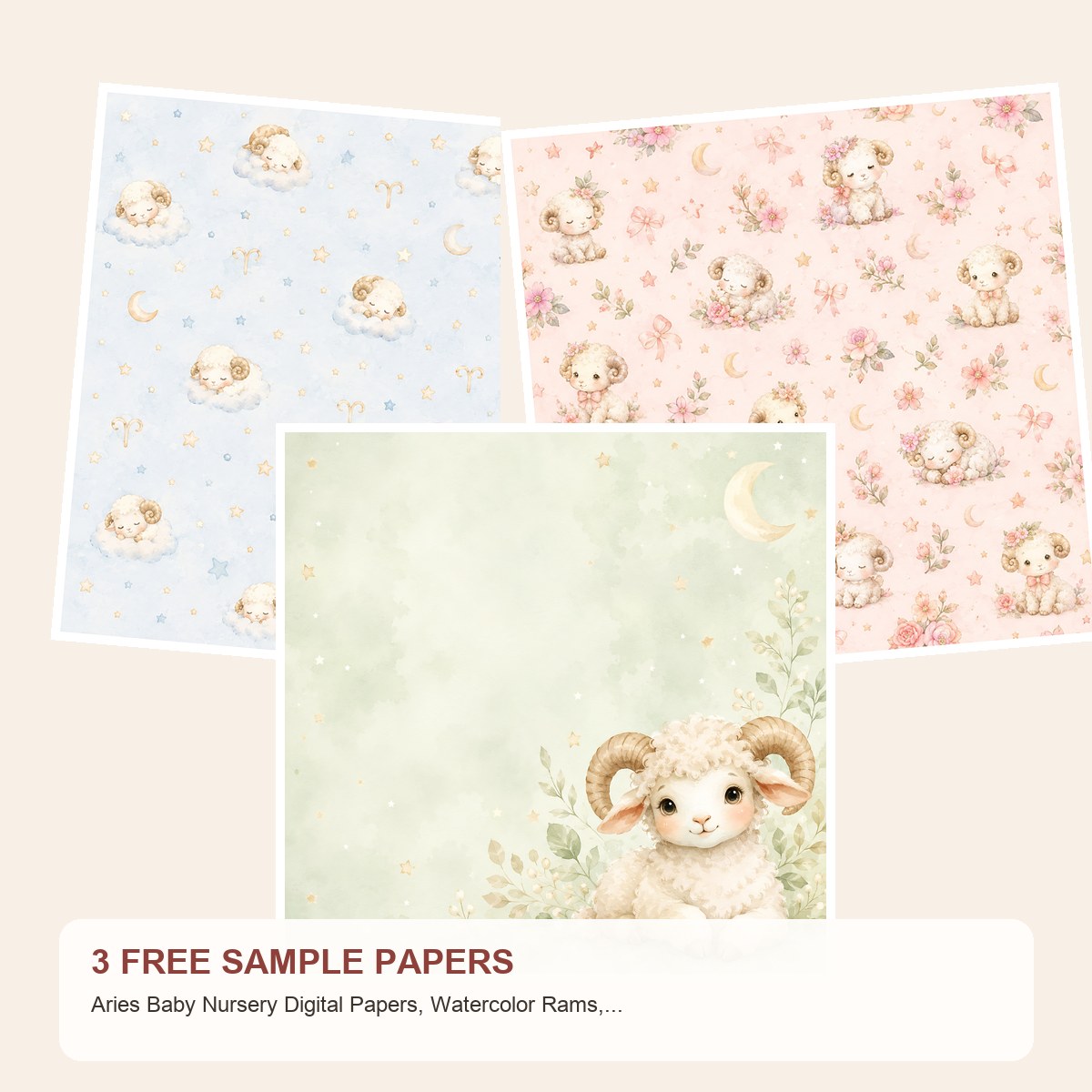 Free Aries Baby Nursery Digital Papers, Watercolor Rams, Celestial Boho Patterns – 3 Printable Sample Papers
