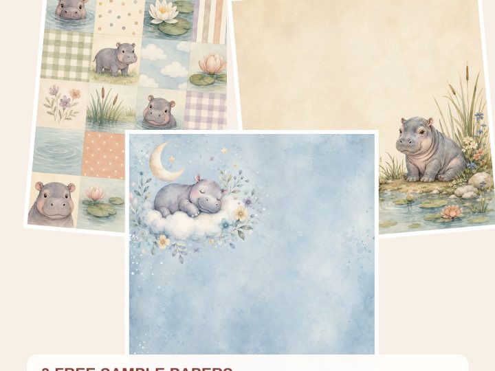 Free Baby Hippo Safari Watercolor Papers, Nursery Scrapbook Bundle – 3 Printable Sample Papers preview