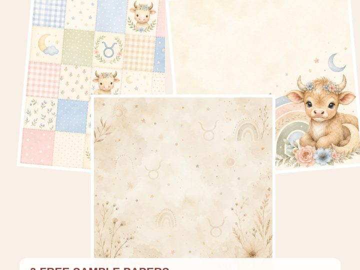 Free Taurus Baby Nursery Digital Paper Pack, Watercolor Calf, Zodiac Scrapbook Papers – 3 Printable Sample Papers preview