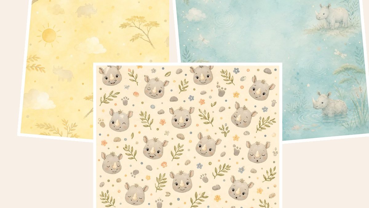 Free Baby Rhino Safari Digital Paper Bundle, 28 JPG Jungle Nursery Papers, Rhino Die Cut Sheets, Baby Shower Scrapbook 12x12 – 3 Printable Sample Papers preview