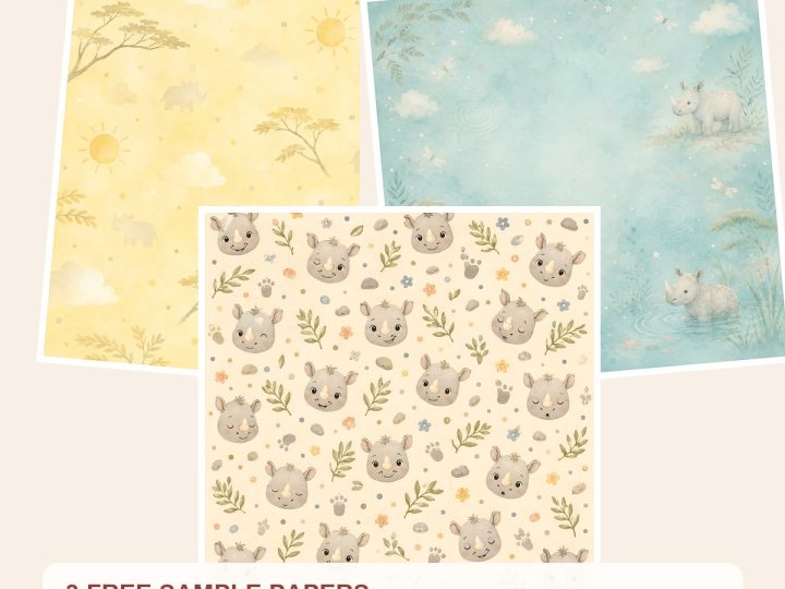 Free Baby Rhino Safari Digital Paper Bundle, 28 JPG Jungle Nursery Papers, Rhino Die Cut Sheets, Baby Shower Scrapbook 12x12 – 3 Printable Sample Papers preview