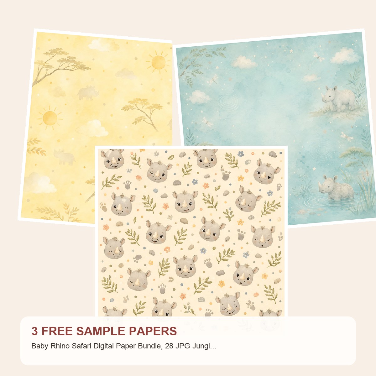 Free Baby Rhino Safari Digital Paper Bundle, 28 JPG Jungle Nursery Papers, Rhino Die Cut Sheets, Baby Shower Scrapbook 12×12 – 3 Printable Sample Papers