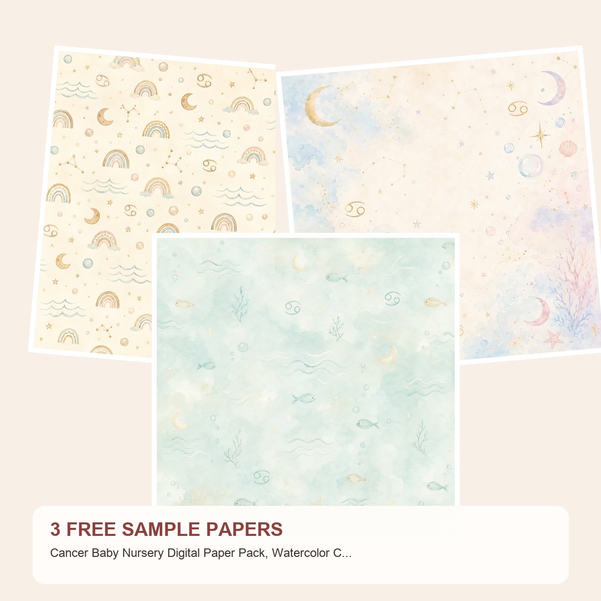 Free Cancer Baby Nursery Digital Paper Pack, Watercolor Crab Zodiac Sheets – 3 Printable Sample Papers
