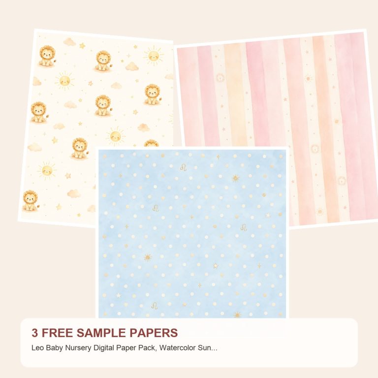 Free Leo Baby Nursery Digital Paper Pack, Watercolor Sun Celestial Patterns – 3 Printable Sample Papers preview