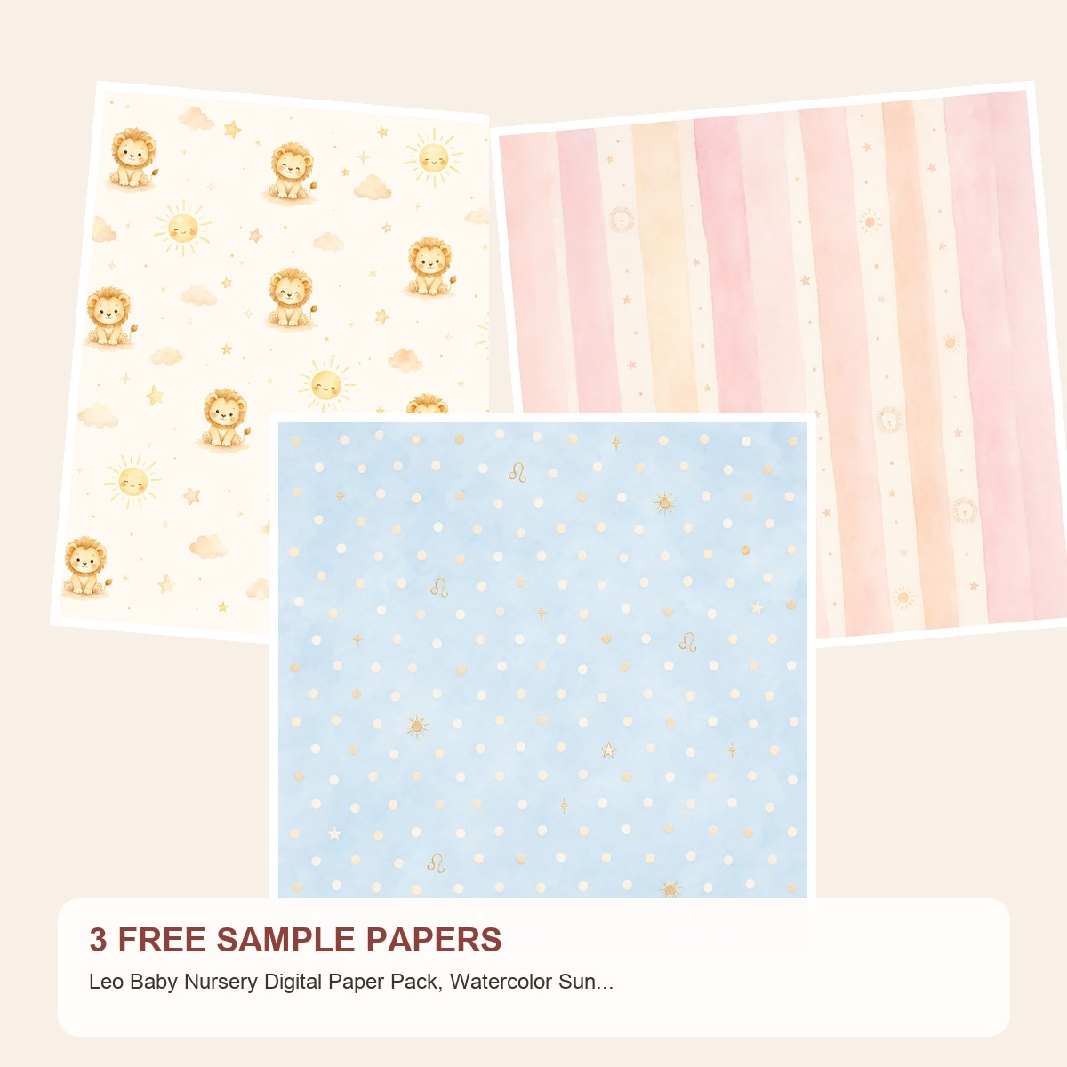 Free Leo Baby Nursery Digital Paper Pack, Watercolor Sun Celestial Patterns – 3 Printable Sample Papers