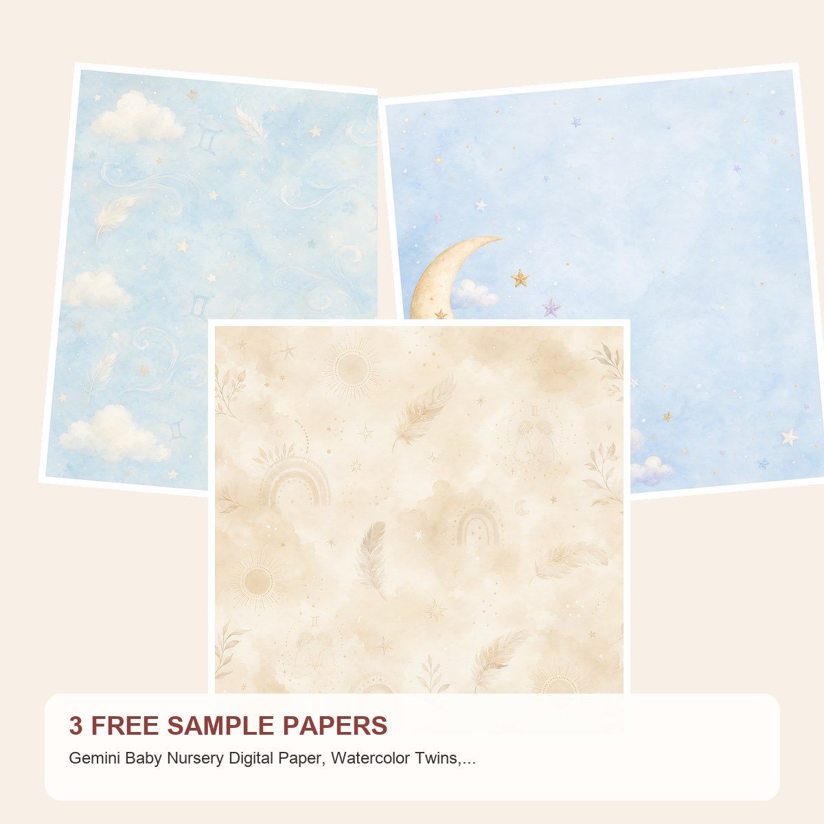 Free Gemini Baby Nursery Digital Paper, Watercolor Twins, Celestial Patterns – 3 Printable Sample Papers