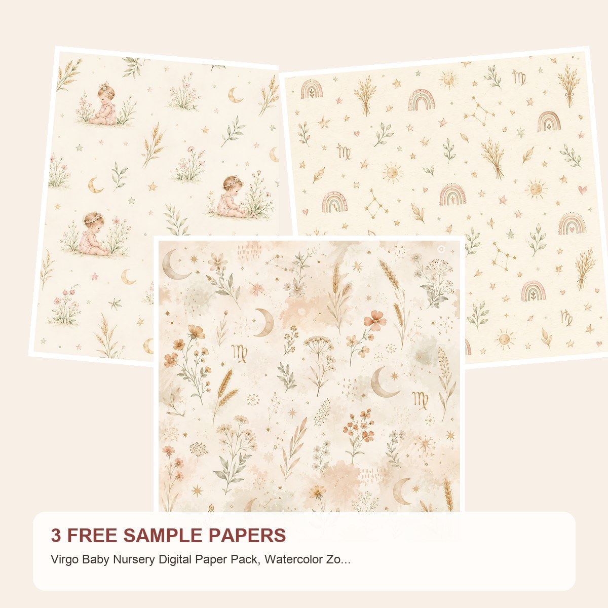 Free Virgo Baby Nursery Digital Paper Pack, Watercolor Zodiac Designs – 3 Printable Sample Papers