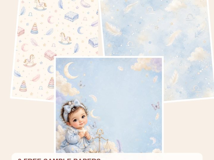 Free Libra Baby Digital Paper Pack, Celestial Patterns, Girl Zodiac Designs – 3 Printable Sample Papers preview