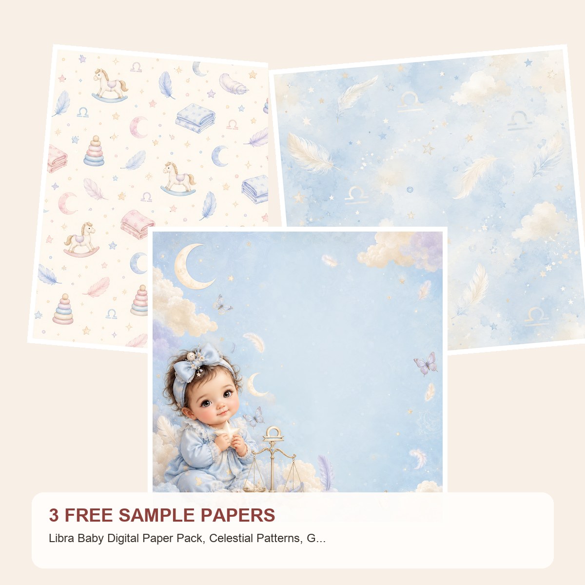 Free Libra Baby Digital Paper Pack, Celestial Patterns, Girl Zodiac Designs – 3 Printable Sample Papers