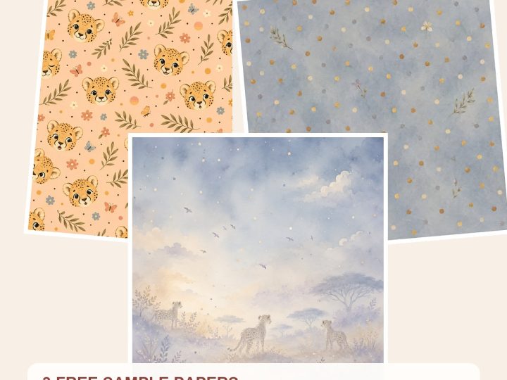 Free Baby Cheetah Safari Sunset Watercolor Papers, Nursery Scrapbook Bundle – 3 Printable Sample Papers preview