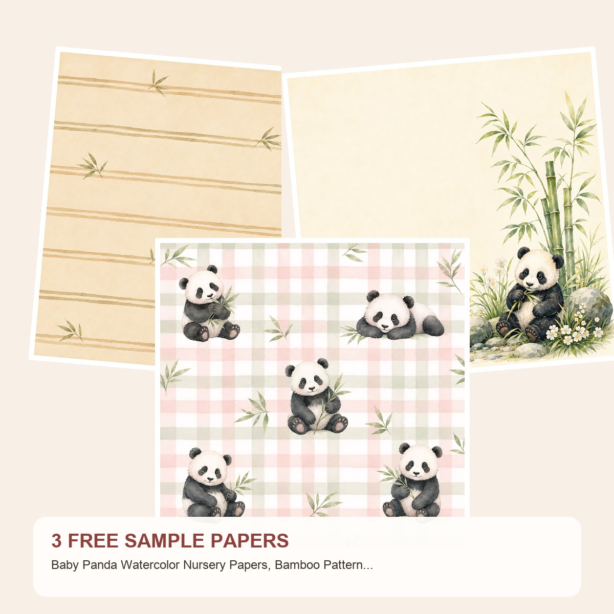 Free Baby Panda Watercolor Nursery Papers, Bamboo Patterns, Baby Shower Backgrounds – 3 Printable Sample Papers