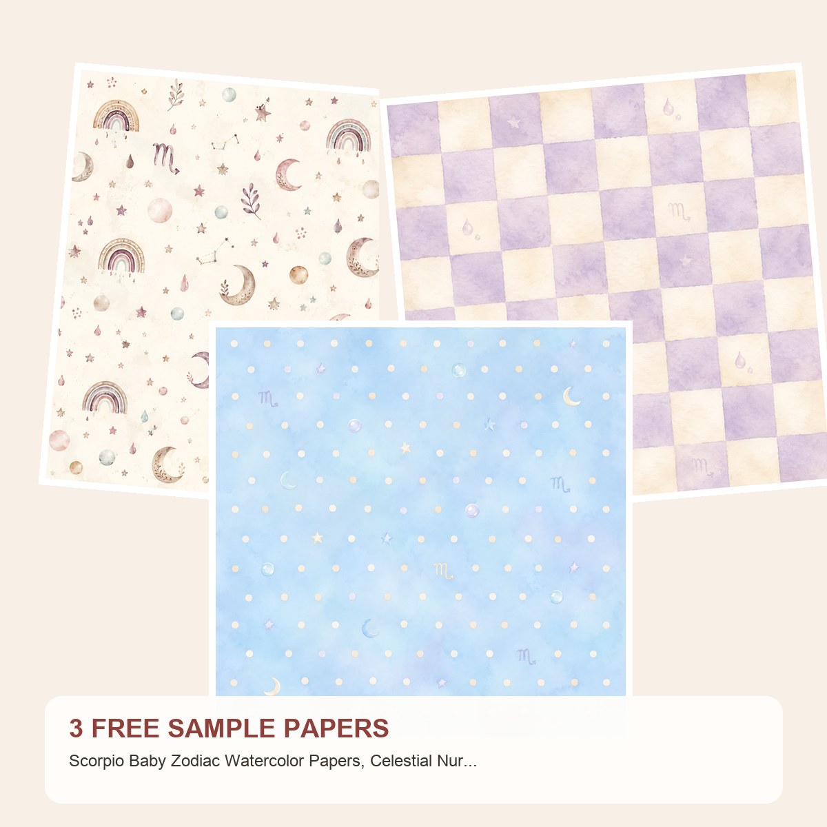 Free Scorpio Baby Zodiac Watercolor Papers, Celestial Nursery Scrapbook Pack – 3 Printable Sample Papers