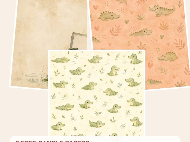 Free Baby Crocodile Safari Watercolor Papers, Jungle Nursery Scrapbook Die Cuts – 3 Printable Sample Papers preview