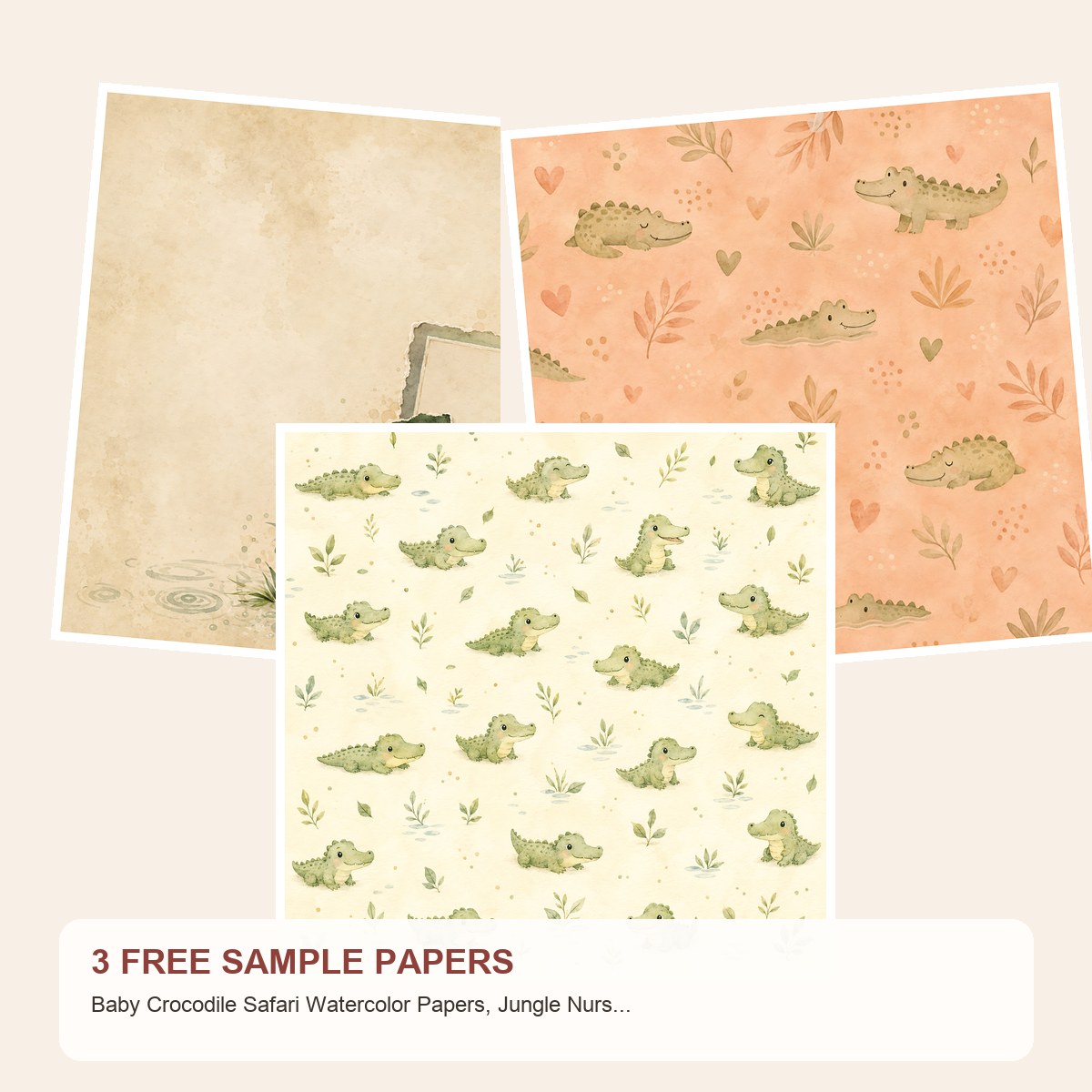 Free Baby Crocodile Safari Watercolor Papers, Jungle Nursery Scrapbook Die Cuts – 3 Printable Sample Papers