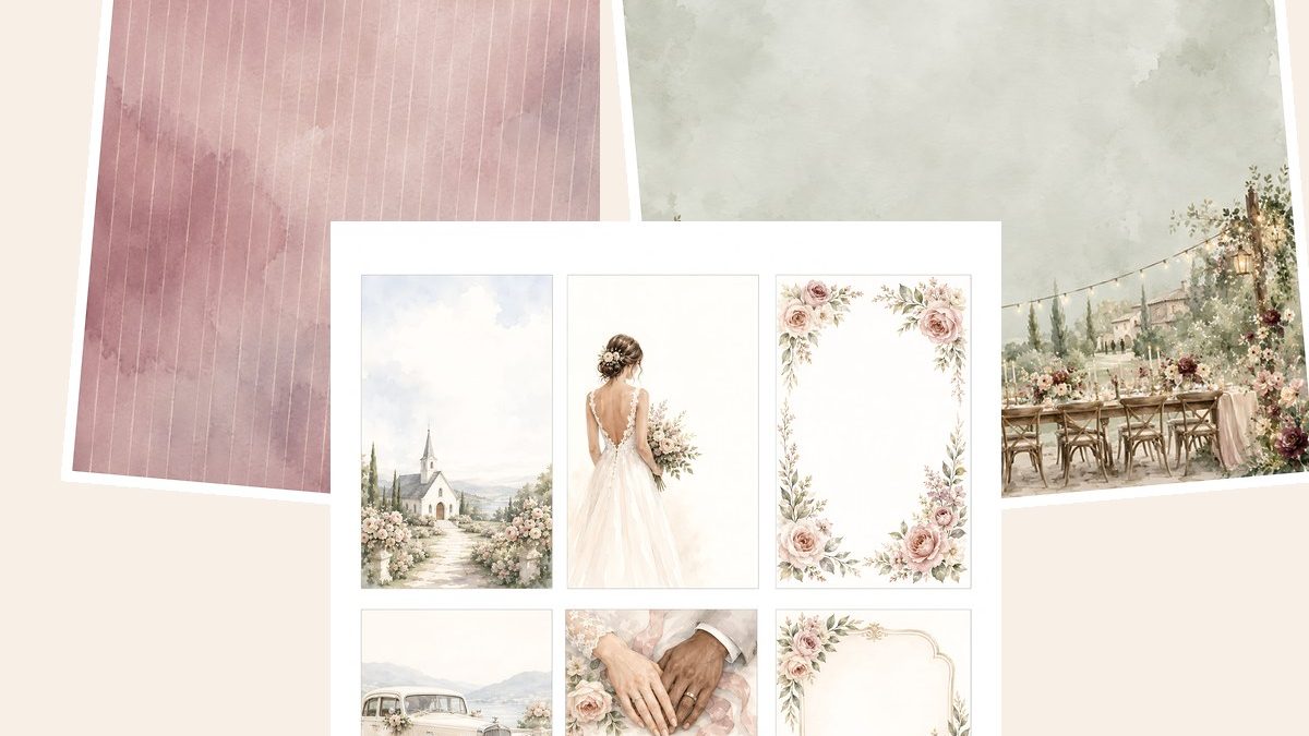 Free Blush Garden Wedding Digital Scrapbook Papers, Floral Die Cuts, Journal Cards – 3 Printable Sample Papers preview