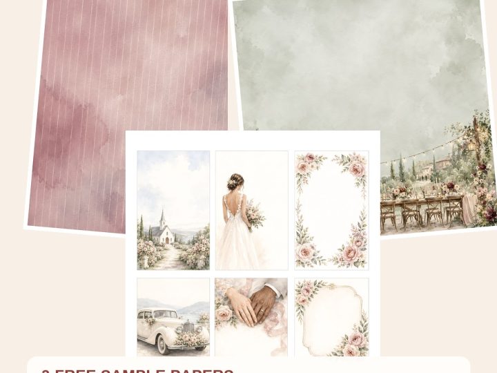 Free Blush Garden Wedding Digital Scrapbook Papers, Floral Die Cuts, Journal Cards – 3 Printable Sample Papers preview