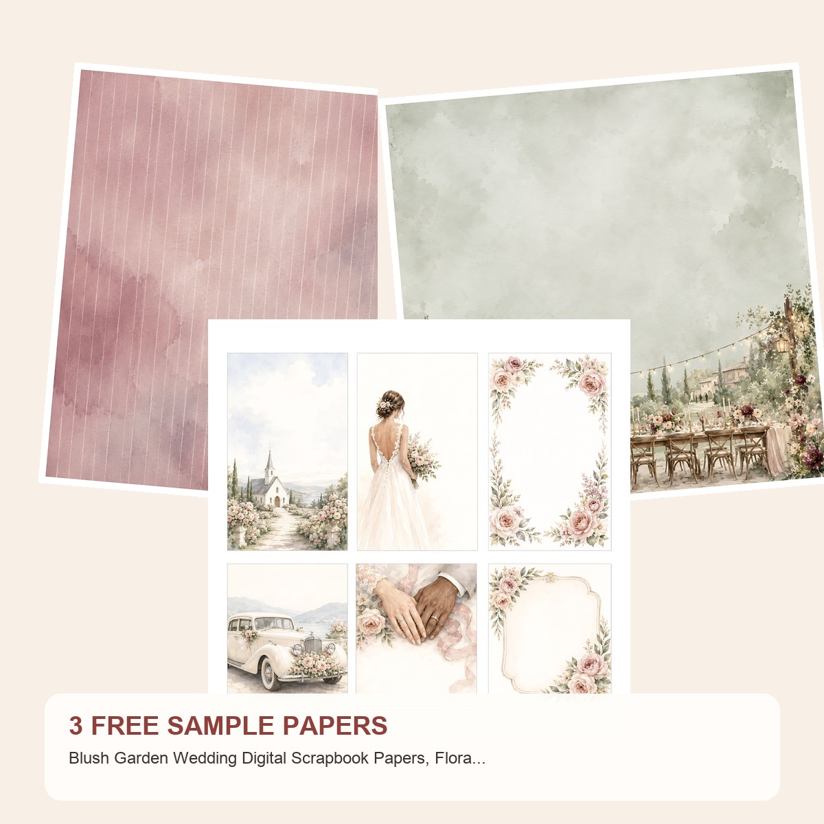 Free Blush Garden Wedding Digital Scrapbook Papers, Floral Die Cuts, Journal Cards – 3 Printable Sample Papers