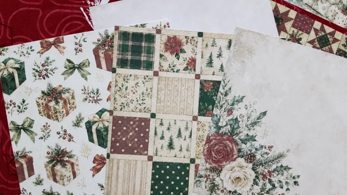 Vintage Christmas digital scrapbook papers in burgundy, evergreen and cream, printed at home