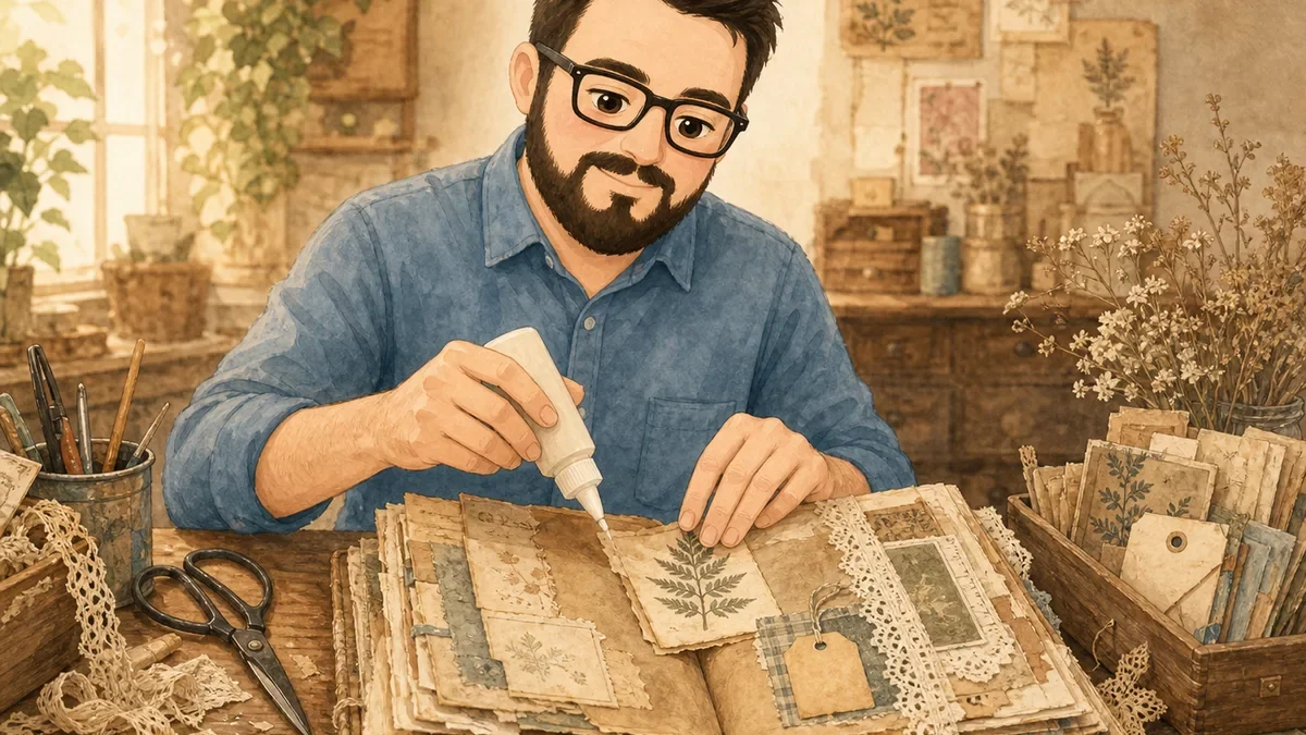 Juan creating layered vintage printable pages for a botanical junk journal