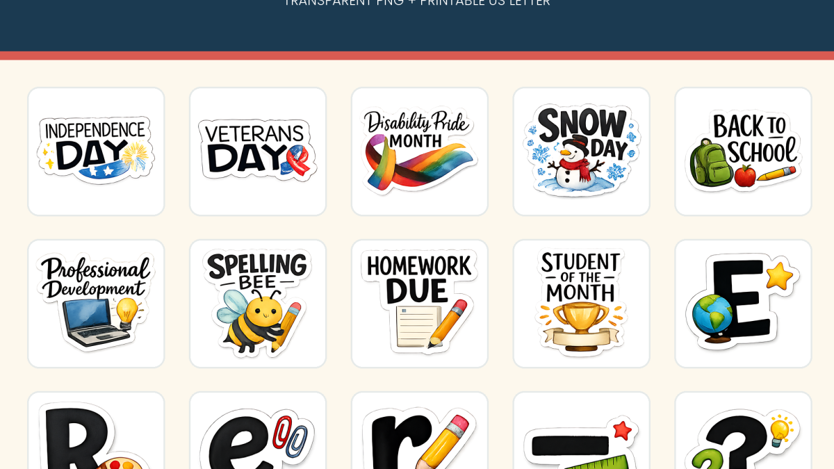 Watercolor classroom teacher planner stickers with school phrases, alphabet, numbers and symbols