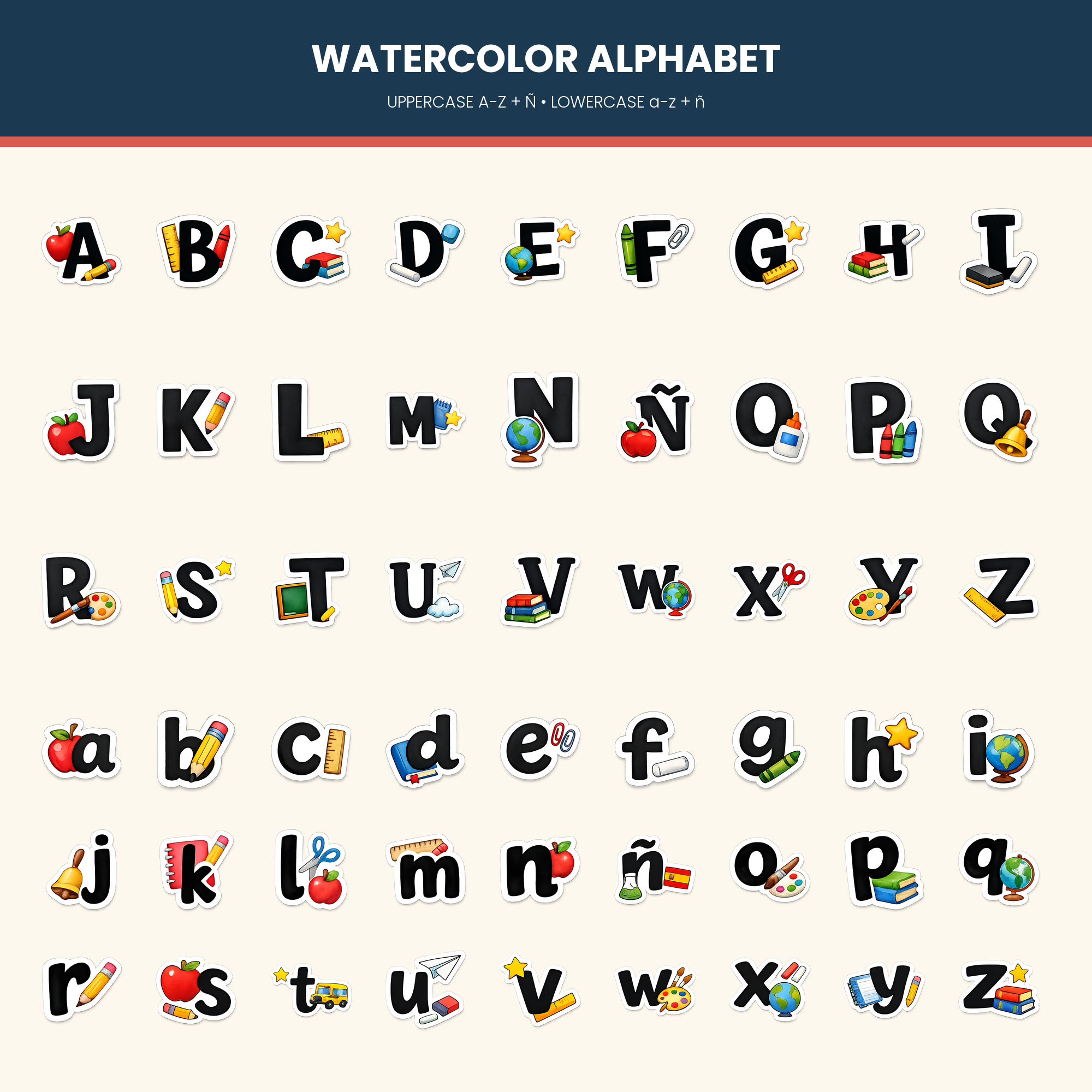Watercolor uppercase and lowercase classroom alphabet stickers including Ñ and ñ