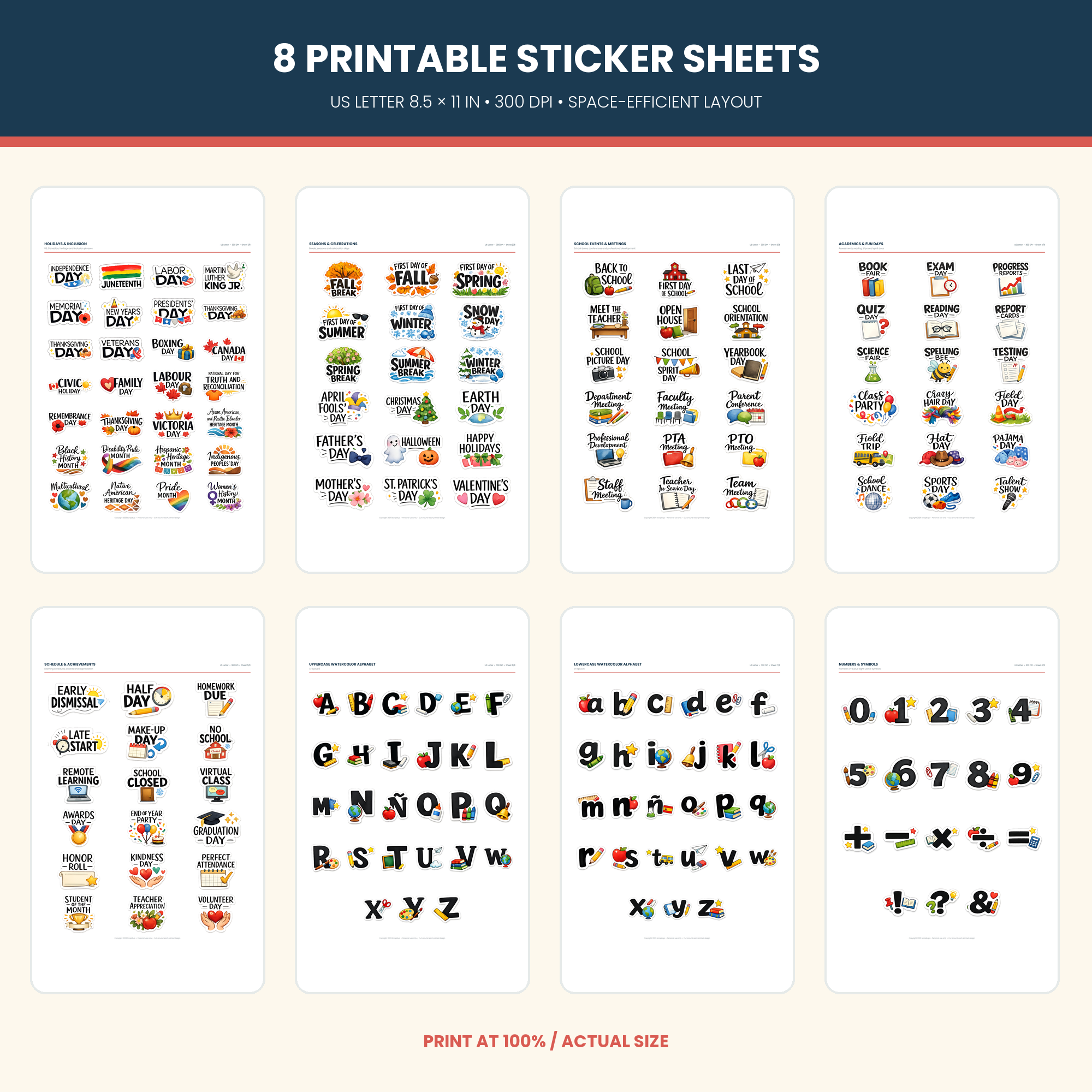 Eight printable US Letter classroom alphabet and teacher planner sticker sheets