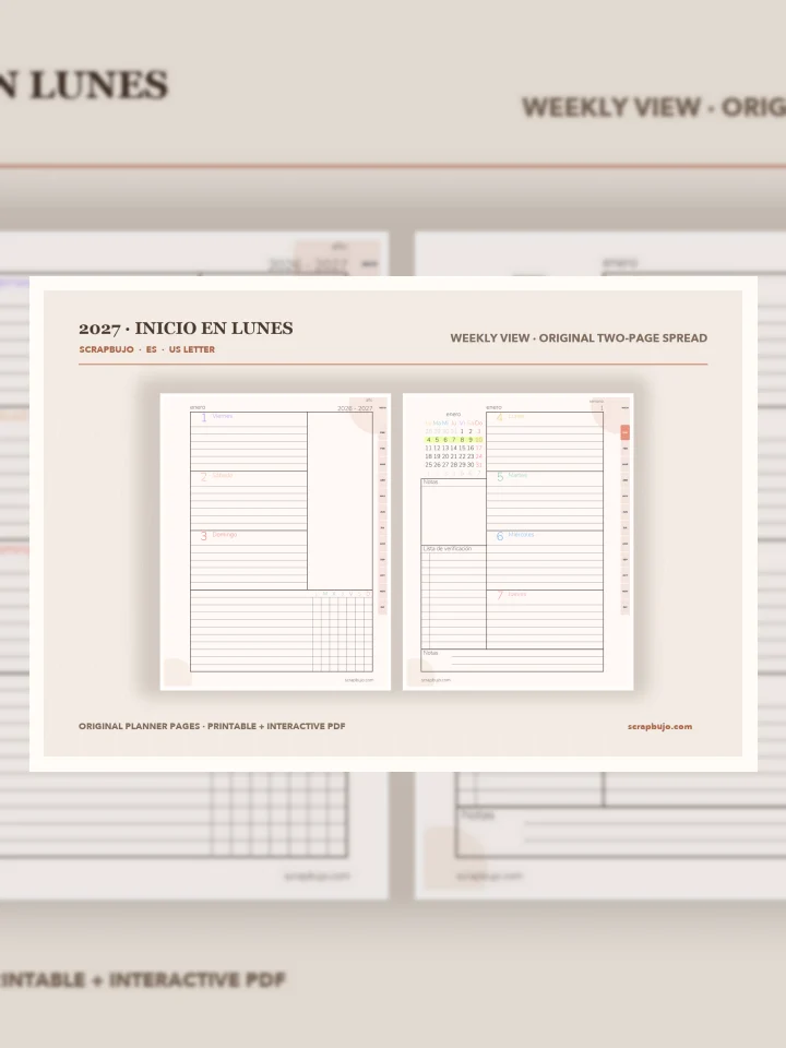 Agenda semanal imprimible 2027 en español | Lunes y domingo | A4 A5 Letter Half Letter visual story illustration