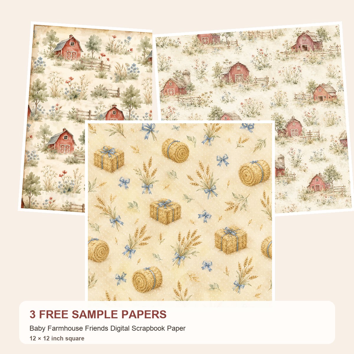 Free Baby Farmhouse Friends Digital Scrapbook Paper – 3 square Paper Samples