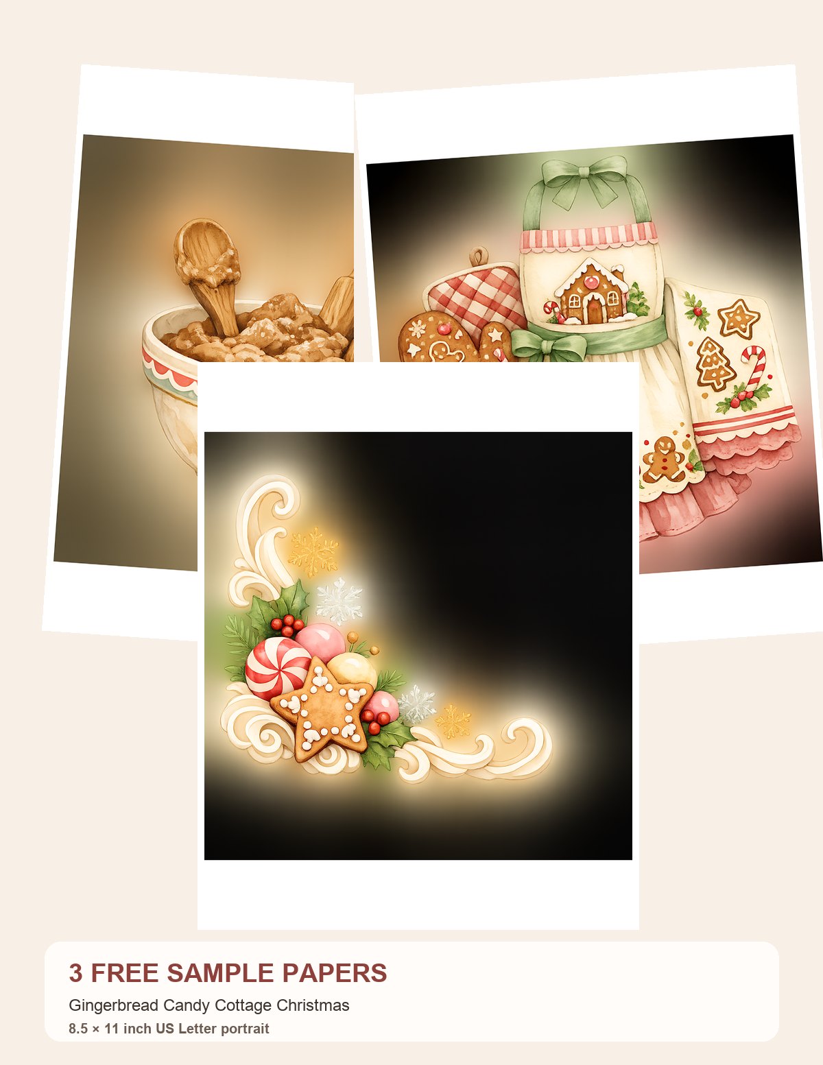 Free Gingerbread Candy Cottage Christmas – 3 Printable Scrapbook Paper Samples