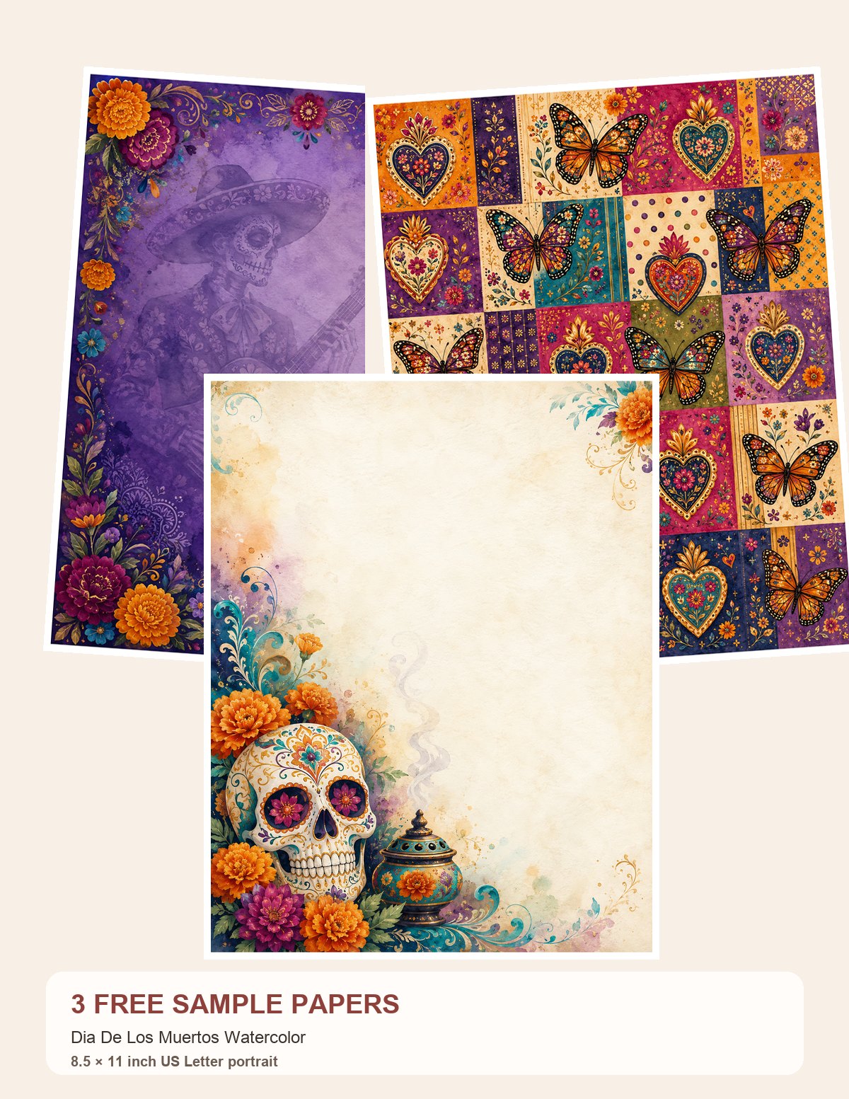 Free Dia De Los Muertos Watercolor – 3 Printable Scrapbook Paper Samples