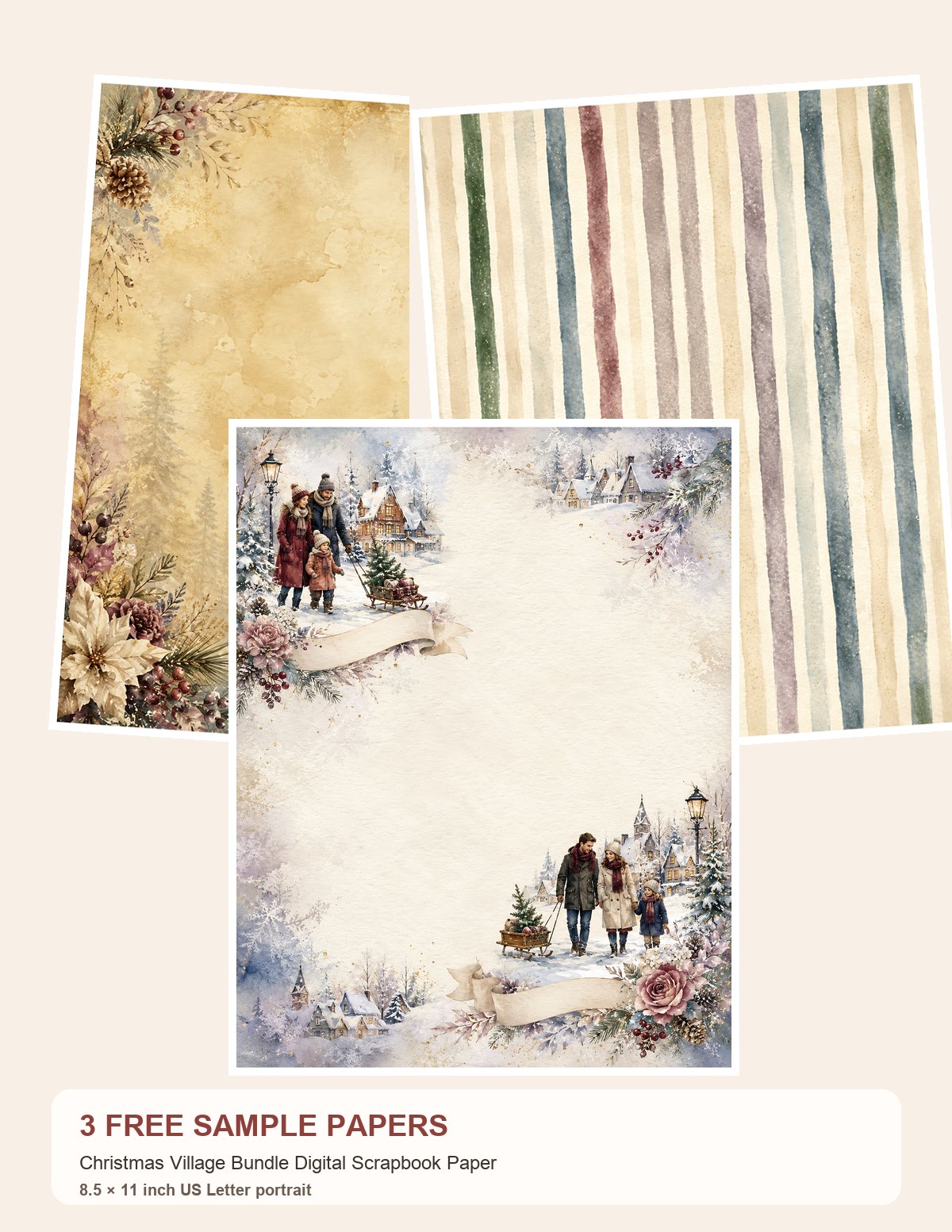 Free Christmas Village Bundle – 3 Printable Scrapbook Paper Samples
