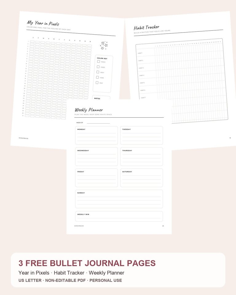 Free Year in Pixels Bullet Journal Pages – 3 US Letter Samples preview