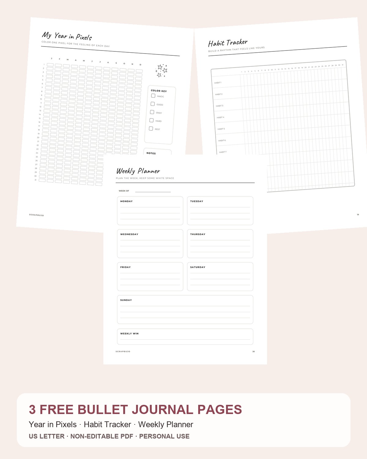 Free Year in Pixels Bullet Journal Pages – 3 US Letter Samples