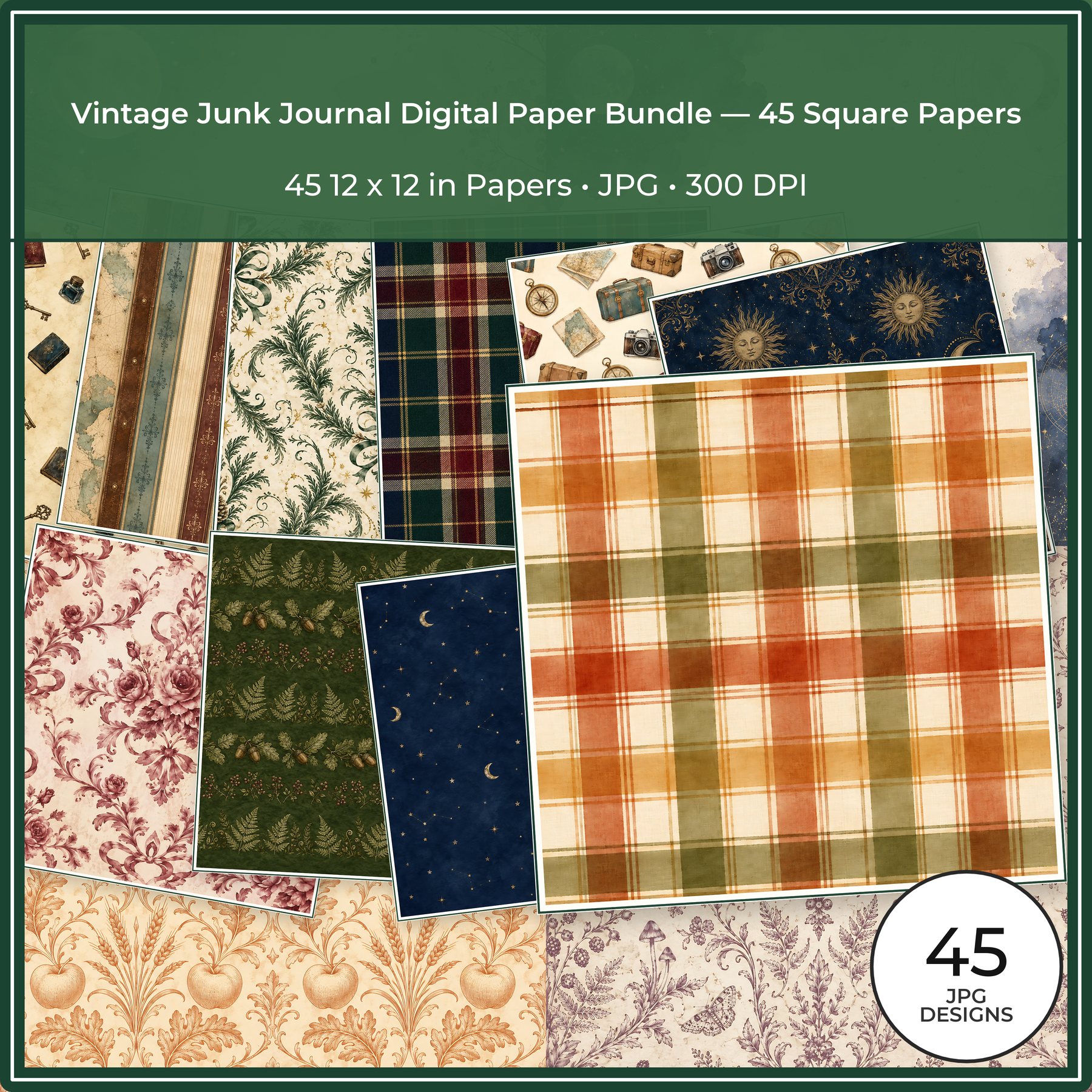 Vintage Junk Journal Digital Paper Bundle — Two Packs, Square + US Letter