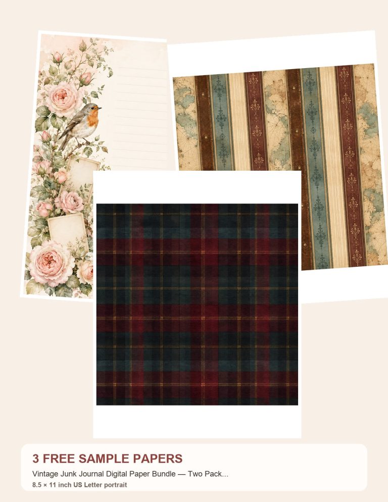 Free Vintage Junk Journal Digital Paper Bundle — Two Packs, Square + US Letter – 3 Printable Scrapbook Paper Samples preview