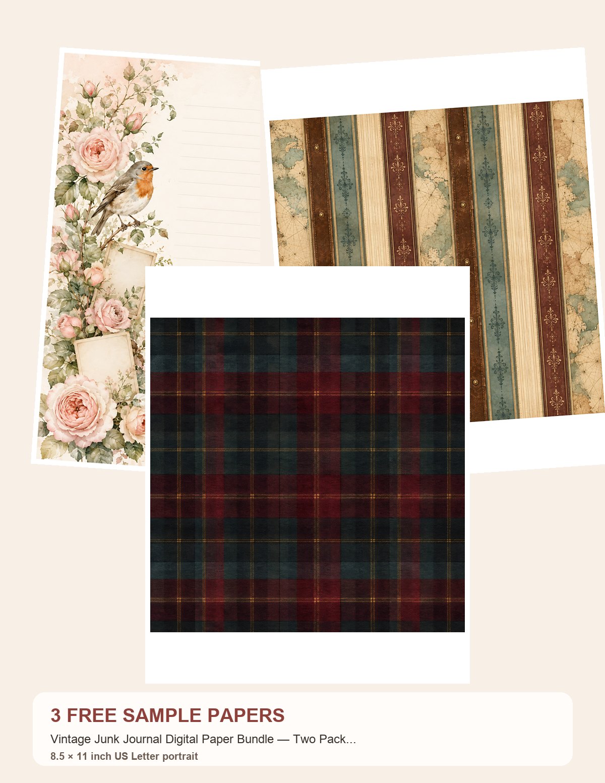 Free Vintage Junk Journal Digital Paper Bundle — Two Packs, Square + US Letter – 3 Printable Scrapbook Paper Samples