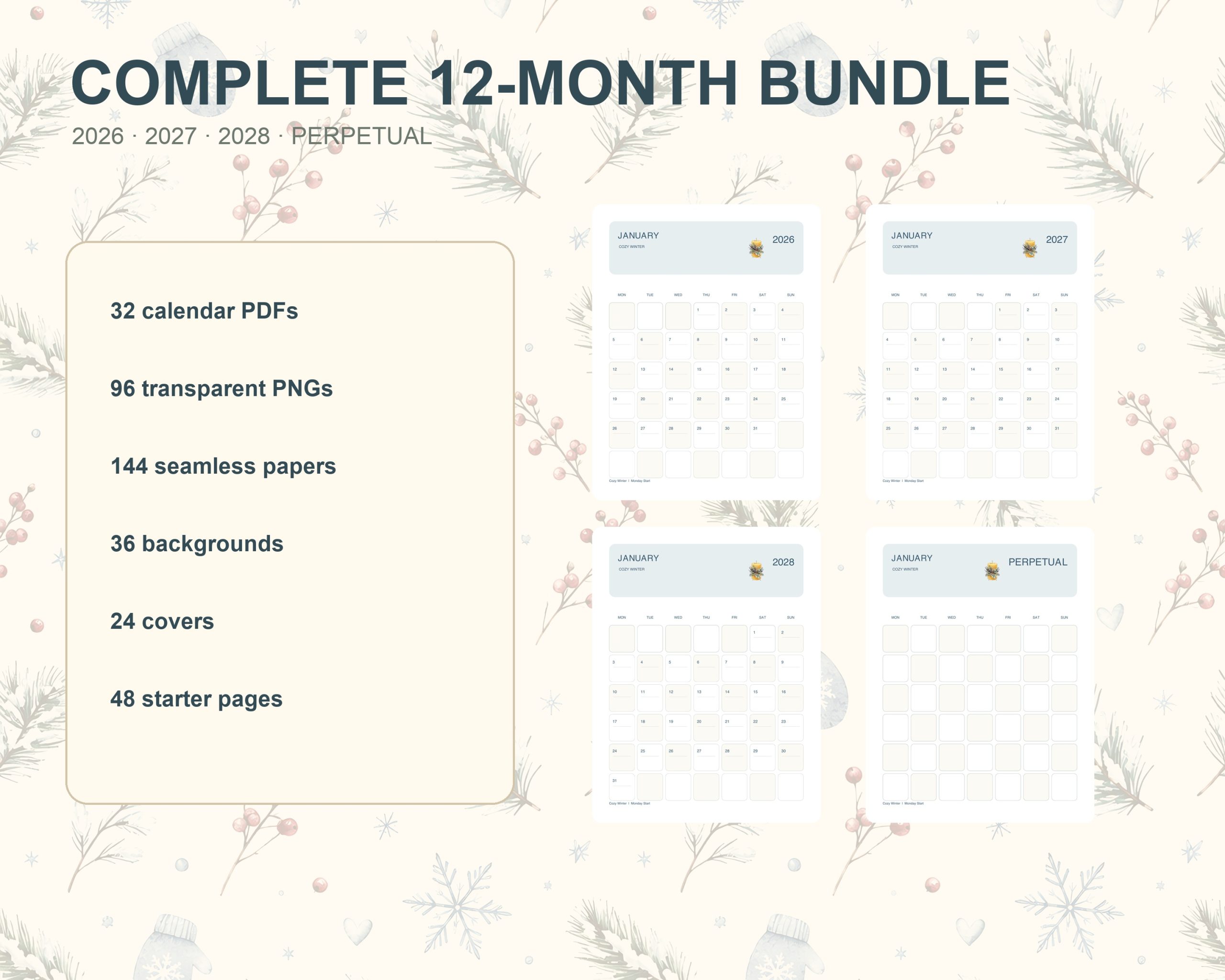 Illustrated Calendar 2026–2028 + Perpetual Creative Bundle