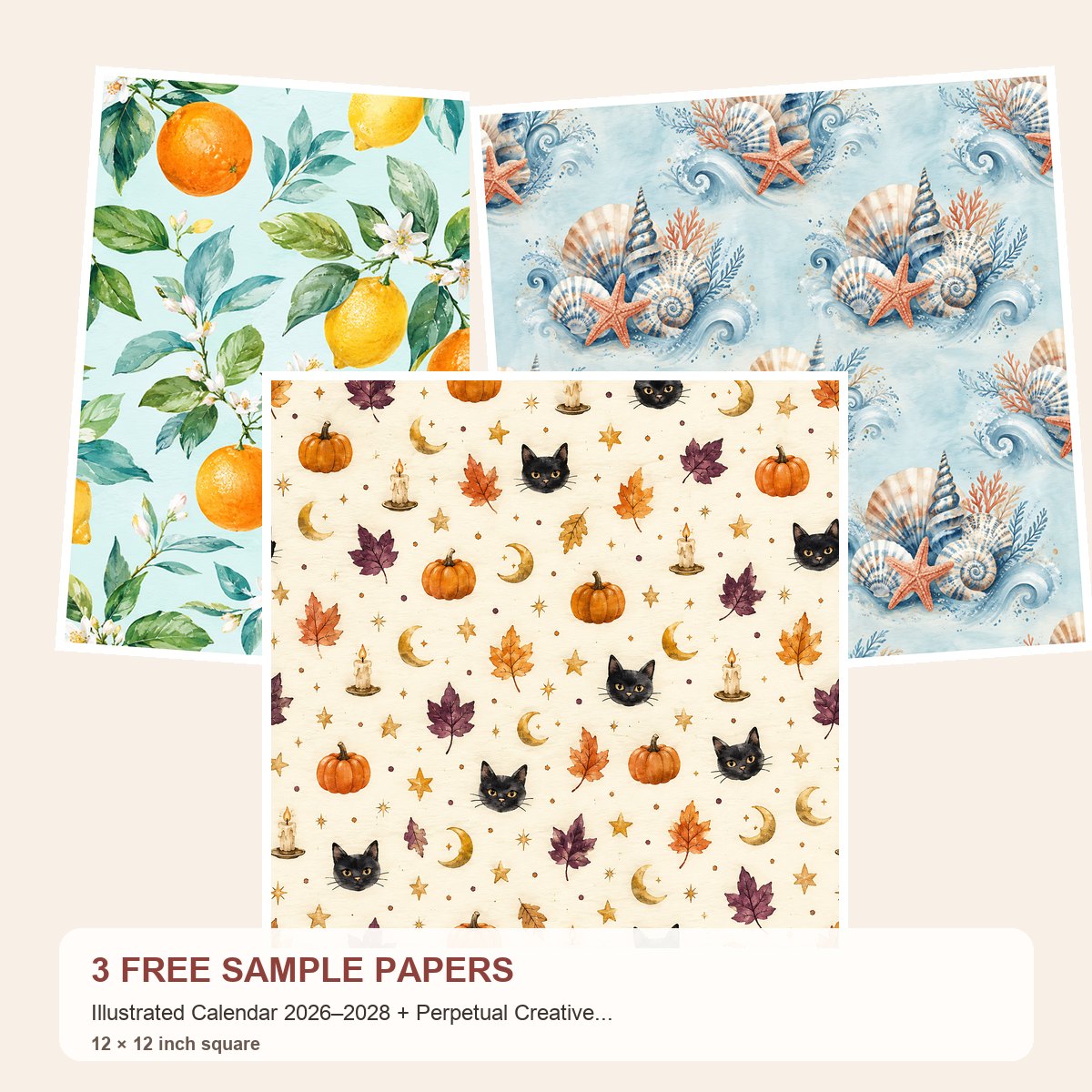 Free Illustrated Calendar 2026–2028 + Perpetual Creative Bundle – 3 Printable Scrapbook Paper Samples
