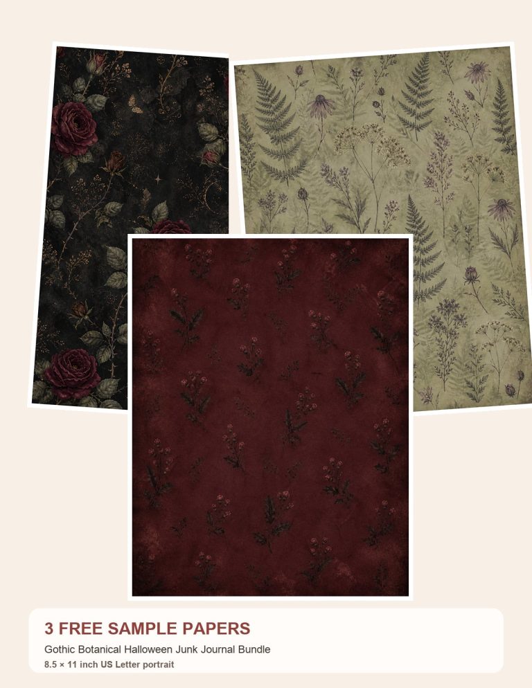 Free Gothic Botanical Halloween Junk Journal Bundle – 3 Printable Scrapbook Paper Samples preview