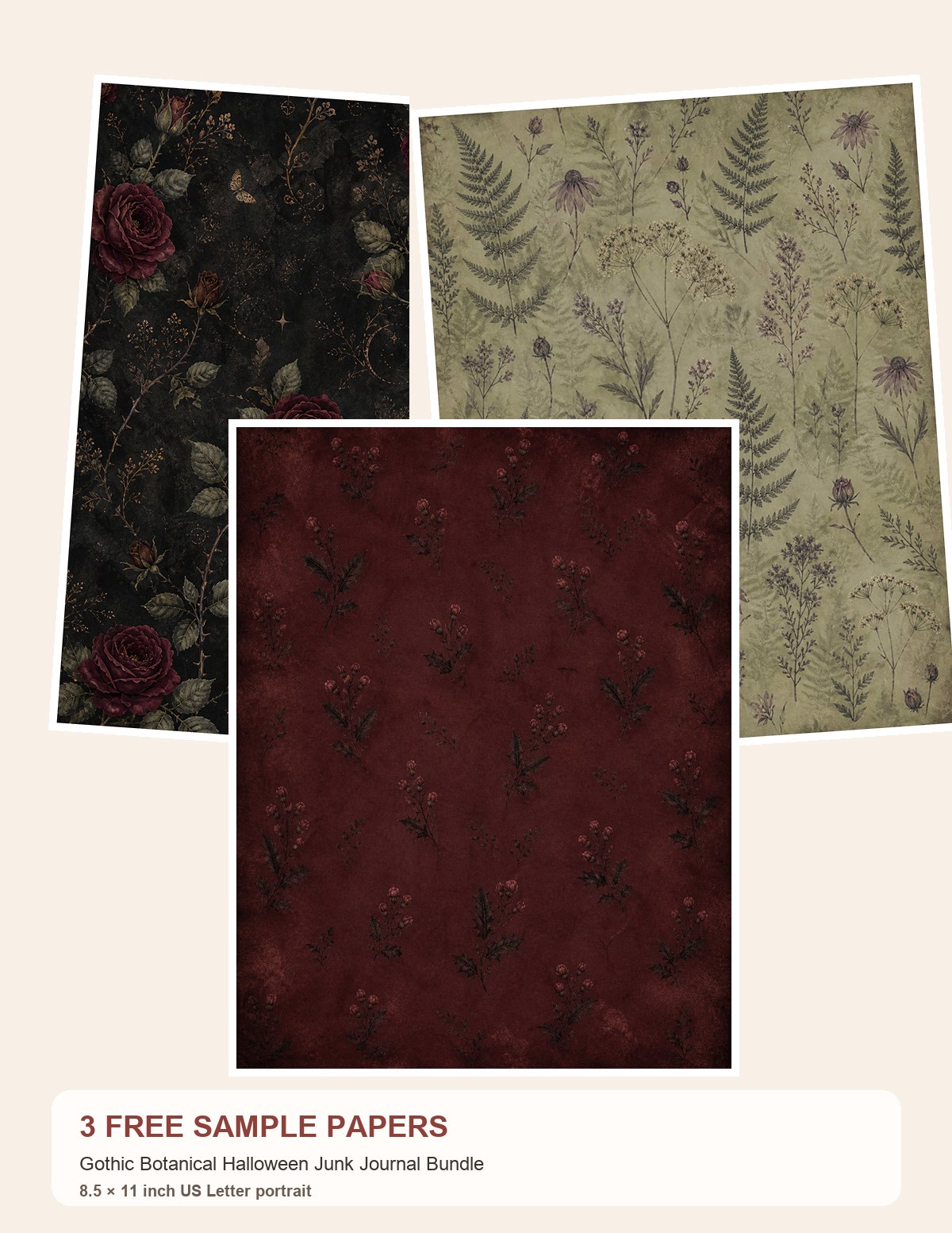 Free Gothic Botanical Halloween Junk Journal Bundle – 3 Printable Scrapbook Paper Samples