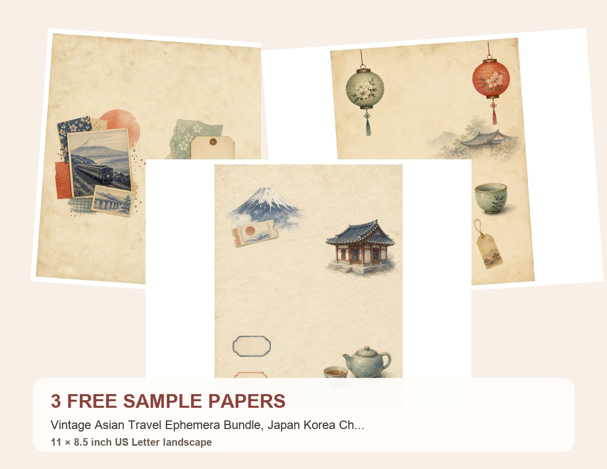 Free Vintage Asian Travel Ephemera Bundle, Japan Korea China Junk Journal Papers (Digital Download) – 3 Printable Scrapbook Paper Samples