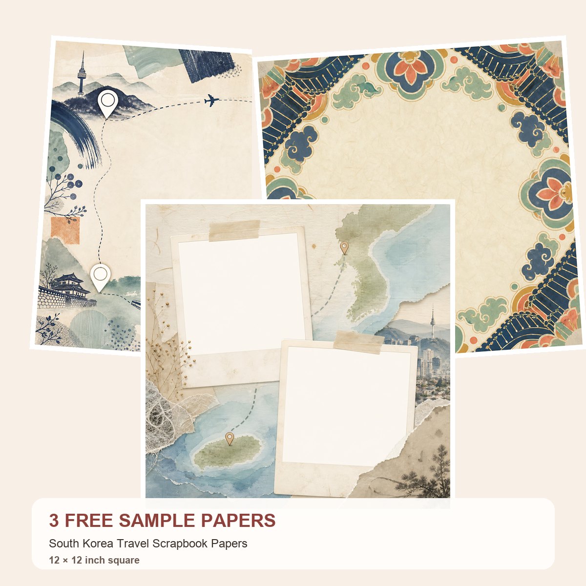 Free South Korea Travel Scrapbook Papers – 3 Printable Scrapbook Paper Samples