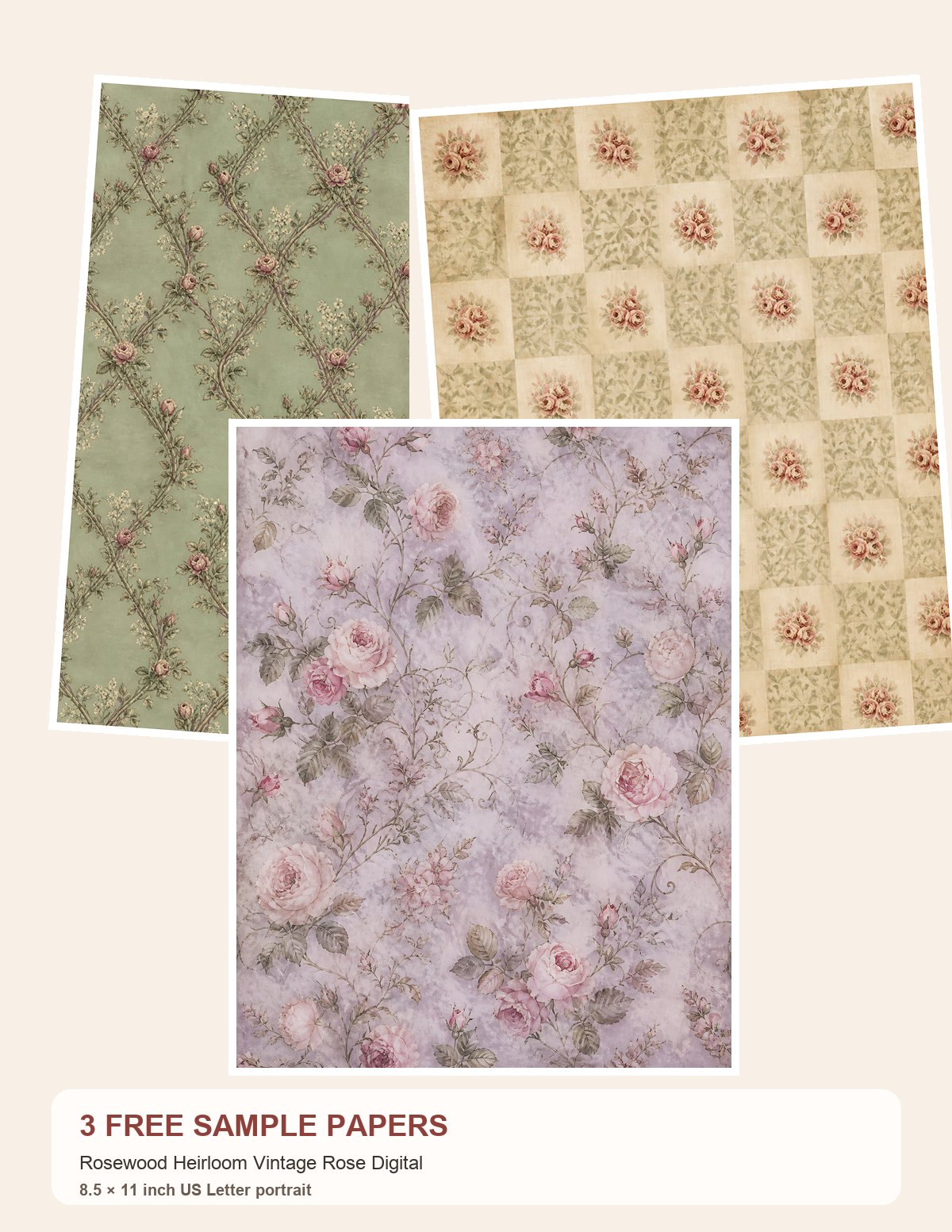 Free Rosewood Heirloom Vintage Rose Digital – 3 Printable Scrapbook Paper Samples