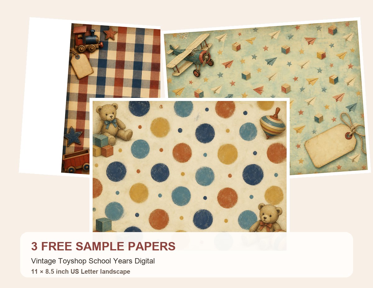 Free Vintage Toyshop School Years Digital – 3 Printable Scrapbook Paper Samples