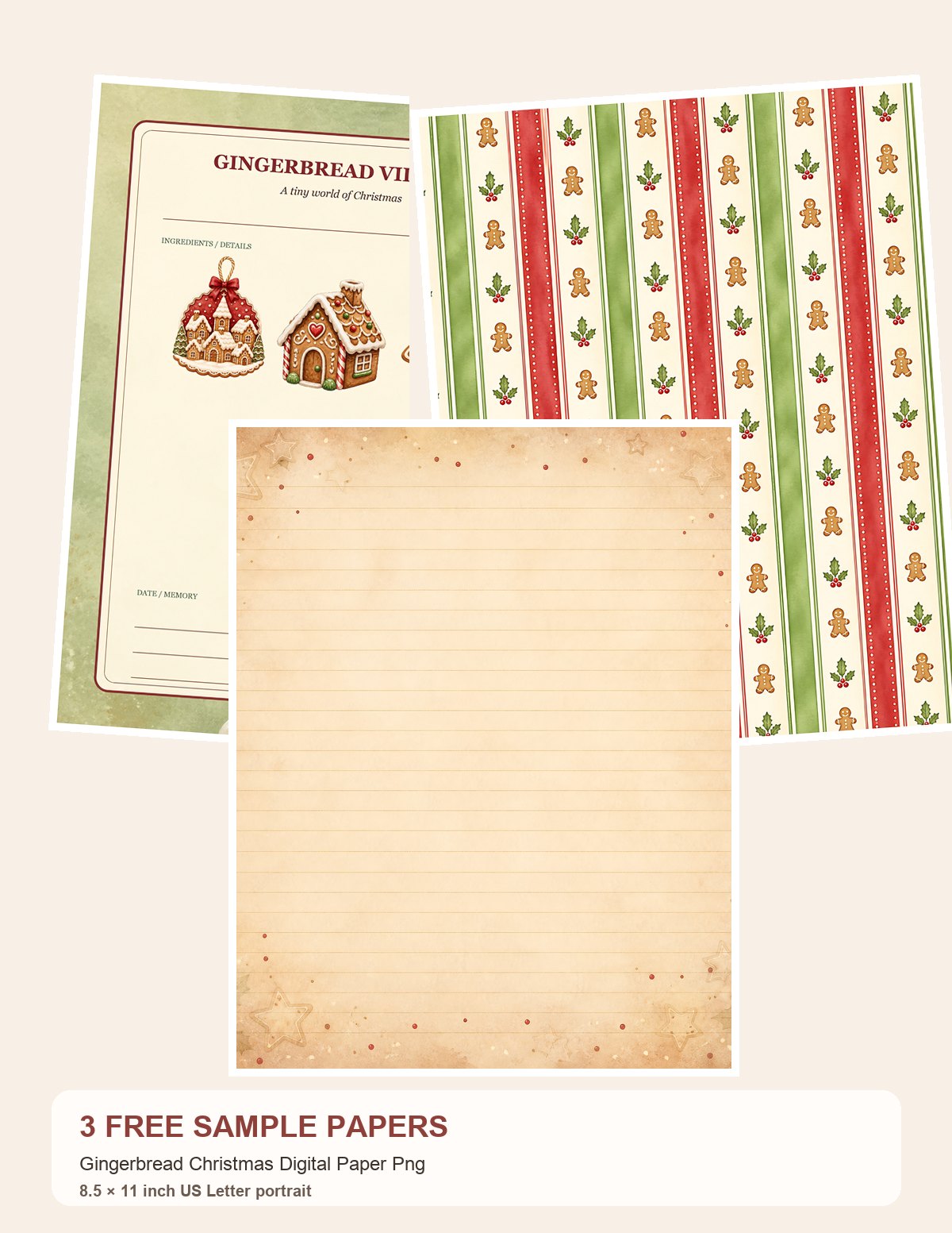 Free Gingerbread Christmas Digital Paper Png – 3 Printable Scrapbook Paper Samples
