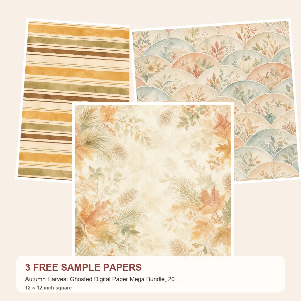 Free Autumn Harvest Ghosted Digital Paper Mega Bundle, 200 Fall Papers, 12×12 Letter A4 JPG, Scrapbook Backgrounds – 3 Printable Scrapbook Paper Samples