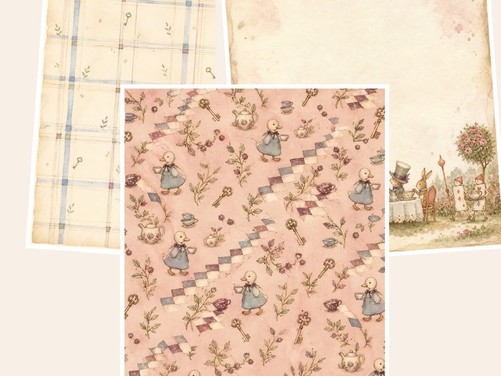 Free Alice Duck Wonderland Tea Party – 3 Printable Scrapbook Paper Samples