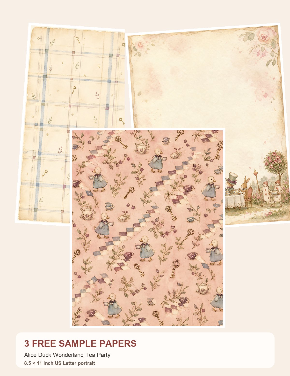 Free Alice Duck Wonderland Tea Party – 3 Printable Scrapbook Paper Samples